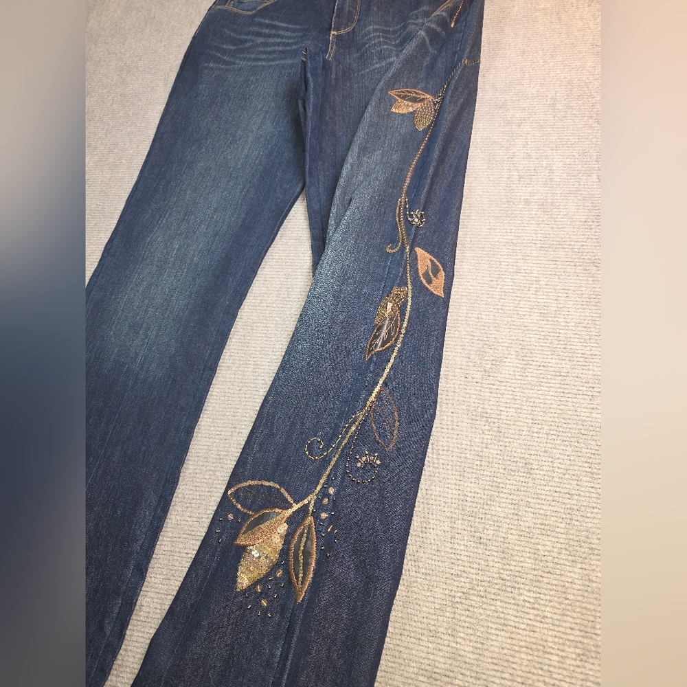 Coldwater Creek Blue Boot Cut Jeans with Gold Embroidery & Sequins - Picture 7 of 16